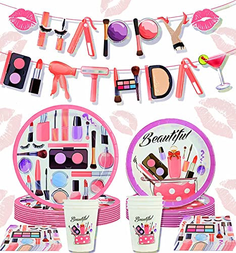 JeVenis Pink Geburtstagsdeko Beauty Makeup Geburtstagsdeko Tortendeko Schminke Geburtstagsdeko Frauen Mädchen Geburtstagsdeko Partyteller Serviette