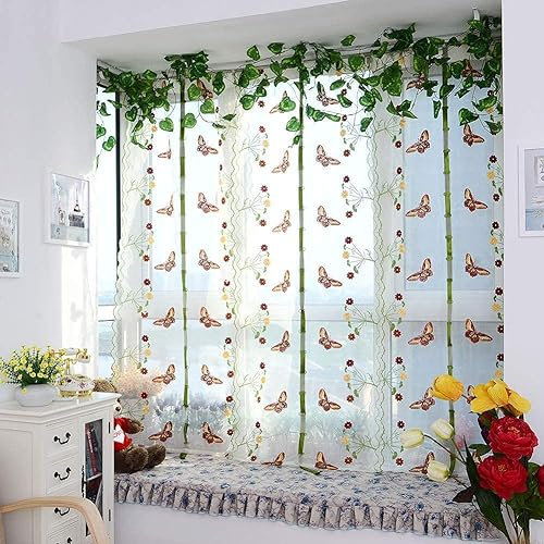 HERCHR Elegante Voile da Finestra Ricamato con Occhielli, Tende Camera da Letto Moderne Tende di Sollevamento in Tulle, Stampa Floreale Trasparente in Tulle Tende, Tende a Pacchetto con Farfalle