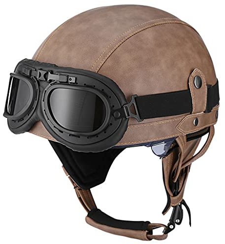 WRMIGN Casco Moto Vintage Adulto, Casco Moto Scooter Classic Jet Aperto Caschi, Caschi Scodella Motorino Portatile con Occhialoni Moto di Cruiser Chopper Certificato ECE