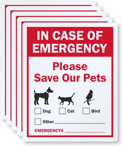 SmartSign (5 Stück) 12,7 x 10,2 cm Im Notfall – Please Save Our Pets, Cat, Dog, Birds Beschriftungsetiketten, 5,5 mm laminiertes Vinyl, 3M reflektierendes Material, rot/schwarz auf weiß
