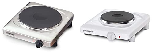 ROMMELSBACHER Einzelkochplatte THS 2022/E, 2000 W, Edelstahl & Einzelkochplatte THL 1097, Gussheizplatte 145 mm Ø, feueremailliertes Gehäuse, stufenlos regelbar, Überhitzungsschutz, 1000 W, weiß