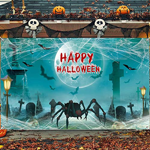 Großes Halloween-Spinnen-Banner, Happy Halloween-Banner, Halloween-Dekorationen, Halloween-Themenparty-Zubehör für Halloween-Haus-Wanddekoration, Halloween-Fotokabinen-Hintergrund (183 x 100 cm)