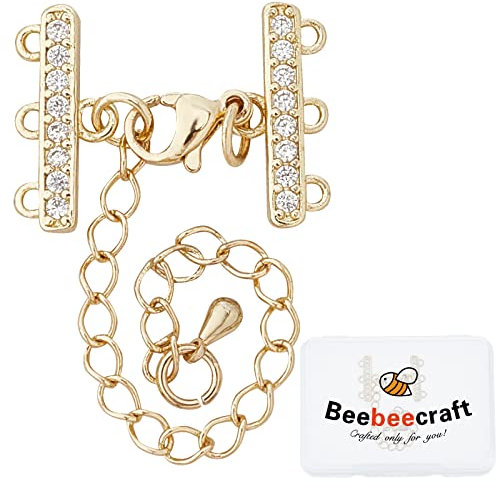 Beebeecraft 2 Sets 18K Gold Plated Multi Strand Clasps with Lobster Clasps Adjustable Chain Connector Set Cubic Zirconia 3 Strand Clasps Chain Extender for DIY Necklaces Bracelets Jewelry Making