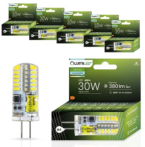 Lumiled LED Lampen G4 6er Set Leuchtmittel 4W (ersetzt 30W Glühlampe) 6500K Kaltweiß 380lm 360° Lichtwinkel 12V AC/DC Mini Glühbirnen kleine Birne Energiesparende kein Flackern SMD