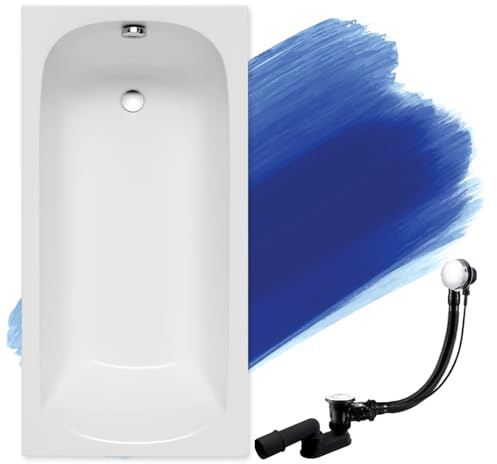BADLAND Badewanne Original Weiß Acryl Wanne Rechteck CLASSIC 150x75 KOMPLETTSET SET + Füßen und Exklusive Chrom Automatik Ablaufgarnitur Made in EU 3in1