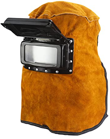 QWORK Welding Helmet Mask with Flip Open Lens, Leather Welding Hood Grinding Protective Gear Work Cap Head Face Neck Shield, Flame & Heat Resistant, Dust Resistant, Breathable
