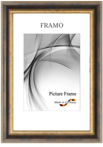 FRAMO N°46 Barock Bilderrahmen 25x35 aus Massivholz | Bronze Gold | Retro Vintage Antik Holzrahmen inkl. bruchsicherer Anti-Reflex Kunstglasscheibe und Metall Aufhängern
