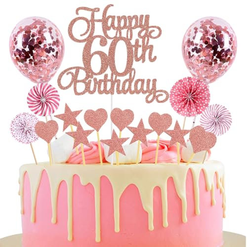 Tortendeko 60. Geburtstag Rosegold - Happy Birthday Glitter Cake Topper für Junge und Mädchen - Kuchendeko 60 Jahre