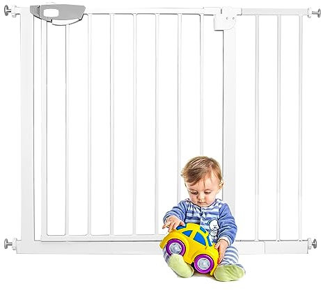 YARDIN Treppenschutzgitter Türschutzgitter Kinder Ohne Bohren, Doppelschloss Schutzgitter Klemmgitter für Kinder und Haustiere, 90° Stop, Einhändiges Öffnen, Schließt Automatisch - Weiß, 95-105 cm
