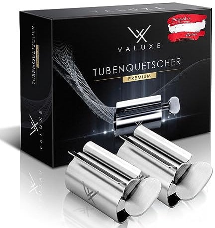 VALUXE® Premium Tubenquetscher [2x Small] – Zahnpasta Ausdrücker aus Edelstahl – Effektive Tubenpresse – inkl. Aufhängeschlaufe – Restloses Ausdrücken garantiert