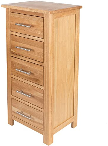 Aurotrice Chest of Drawers OAK 5 Drawers Cabinet Narrow Storage Organiser Unit with Solid wood Legs for Living Room Bedroom Hallway