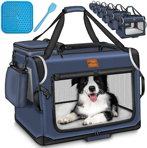 TRESKO® Hundebox faltbar inkl. Leckmatte, Spatel & Reflektoren XL 83x58x58cm | Transportbox für Hunde und Katzen | Hundetransportbox Auto für kleine & große Hunde | Hundetasche robust Navyblau