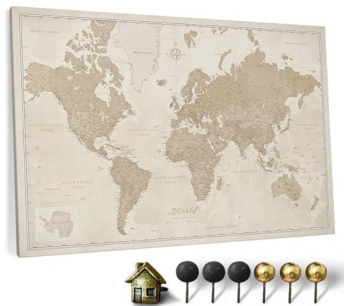 Hochwertige Canvas Weltkarte mit Kork-Pinnwand - Englische Beschriftung - Dekorative Wanddeko für alle Zimmer - Leinwandbilder mit Weltkarte Motiv (70x50 cm, Muster 9)