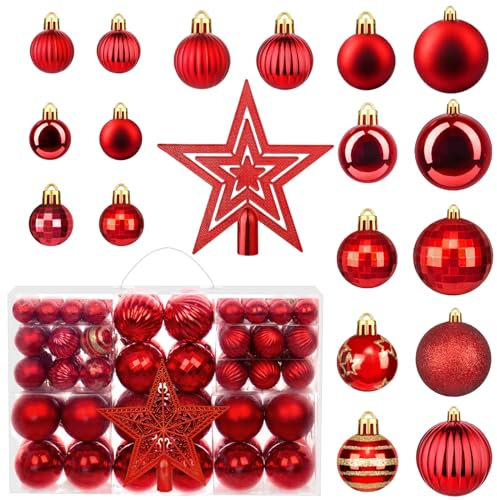 MTSCE Palline di Natale Rosso 101 Pezzi da 17 Tipi, Palle Albero di Natale Rosse Decorazioni, Addobbi Natalizi, Plastica Infrangibile, Riutilizzabile