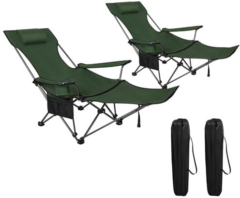 WOLTU Lot de 2 Chaise de Camping Pliante Fauteuil de Pêche Chaise de Plage Chaise Longue avec Repose-Pied et Appui-tête Amovible, Sac de Transport, pour Activités en Plein Air, Vert