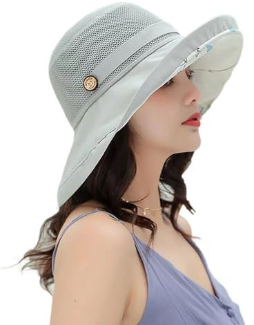 Sommer-Sonnenhut aus Netzstoff für Damen, UV-Schutz, breite Krempe, verstaubar, Strandhut, Grau, EinheitsgröÃŸe