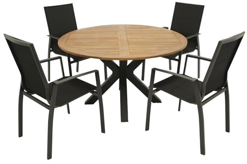 DEGAMO Gartengarnitur Madeira 5-teilig, 4X Stapelsessel anthrazit und 1x Gartentisch Metall mit Tischplatte Akazie 130cm rund, Outdoor