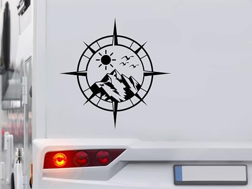 KLEBEKÖNIG Kompass Aufkleber - Berg Sonne Möwen - Wohnmobil Wohnwagen Camping Autoaufkleber Reisen Van Bus Dekor Caravan Wohnanhänger Camper