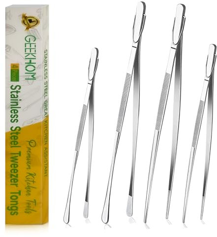 GEEKHOM Pinzas finas y largas, pinzas de cocina de acero inoxidable de 12 pulgadas + 10 pulgadas, pinzas de chef profesionales para cocinar, asar, hornear, asar, freír, barbacoa, ensalada, postre,