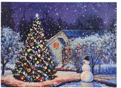 SOFFEE DESIGN 12'' x 16'' LED Christmas Canvas Prints Wall Art, Light Up Snowy Scene Wall Hanging Picture for Holiday Decor, Battery Operated - Shiny Christmas Tree