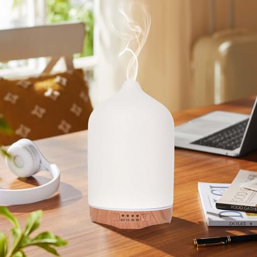250ml Keramik Aroma Diffuser, Weiß Duftöl Diffusor für ätherische öle, Ultraschall Luftbefeuchter mit Einstellbarem Nebelmodus und Timer, Öl Diffuser Luftbefeuchter für Spa, Schlafzimmer, Büro