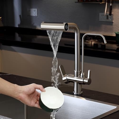 KINKIBOS 3 Wege Wasserhahn Ausziehbar Küche für Wasserfilter, 4 Modi Mischbatterie Küche, Messingkörper, 360° Drehbar, Trinkwasserhahn mit 2 Hebel, Gebürstetes Nickel