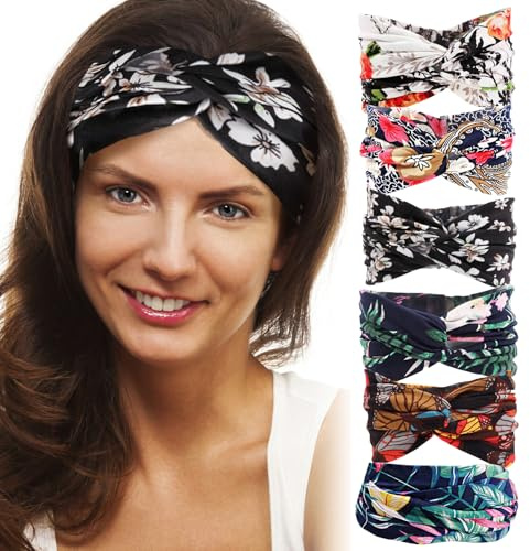 6 Stück Stirnbänder Für Damen,Sport Stirnbänder Blumendruck Highly Stretchy,Für laufen Yoga Elastische Haarband
