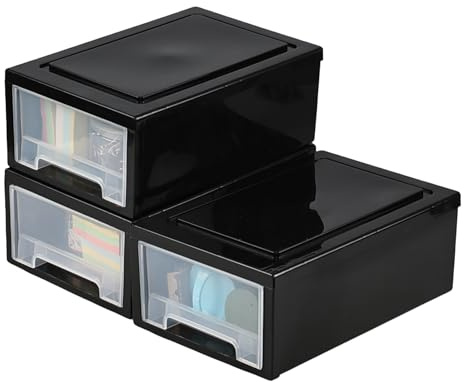 Aninhao 3 Pack Small Plastic Storage Drawers Unit, 6.5 Litre Desktop Stacking Drawers, Black