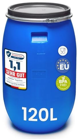 Garronda 120 litros Barril alimentario, depósito de Agua, Barril de Boca Ancha en HDPE y sin BPA, tonel de jardín, contenedor de Alimentos para Animales, Universal GD-0078, Azul