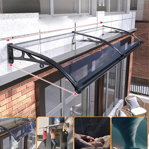 Front Door Canopy Outdoor Awning Roofing with Large Sink Board Shelter Roof Aluminum Black Bracket Transparent Polycarbonate Window Garden Canopy Patio Porch Awning (150 x 330cm)