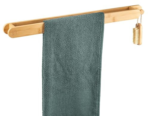 eluno großer Handtuchhalter aus Bambus im natürlichen Design, Handtuchstange ideal einsetzbar für Küche und Bad, passend für Badetücher und Handtücher, zum Kleben mit 3M Kleber oder zum Bohren