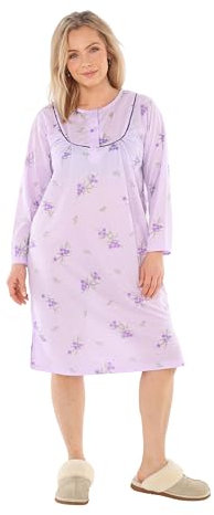 Schuerzenfabrik - Chemise de nuit à manches courtes pour femme, bleue, rose, violet, orange avec boutonnière, Chemise de nuit à manches longues, violette, L