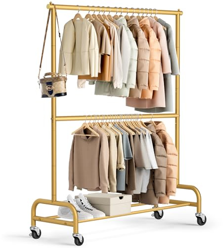MISSLO Goldene Kleiderständer zum Aufhängen von Kleidung, robuster Kleiderständer, doppelter Kleiderständer, Metall, Rollgarderobe, Schrank, Kleiderständer auf Rädern