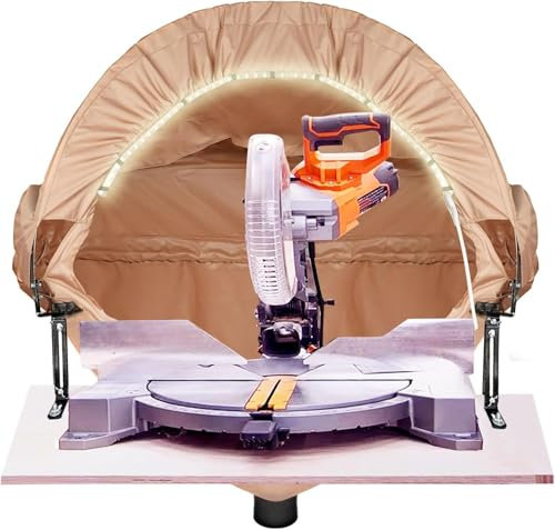 BERPET Miter Saw Dust Collection Hood with Light, Dust Solution for Miter Saws, Dust Collector, Accessory Holes, Universal Fit, Storage Bag - Khaki