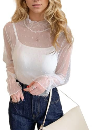 EMOTTOS Women's Lace Crop Tops, Ladies Y2K Polka Dot Sheer Mesh Shirt Ruched Half-High Neckline, Stylish Going Out Club Party Sexy See-Through T-Shirt for Ladies, White, XL