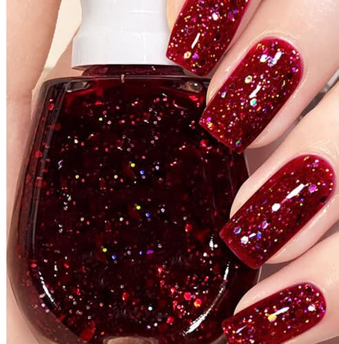 Red Shimmer Nail Polish - Red Glitter Nail Varnish - High Gloss Sparkly Nail Polish for Girls Women DIY Manicure - Long Lasting, Quick Drying, Easy to Apply for Nail Art Lovers