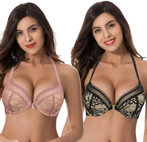 Curve Muse aux Femmes Grande Taille Ajouter 1 Tasse Push up À Armatures Licou Devant Fermer Soutien-Gorge-Paquet de 2-Red Cinnabar,Black-100D