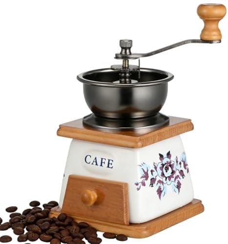 ABOOFAN Kaffeemühle Manuell, Antike Gusseisen Handkurbel Kaffeemühle für Kaffeebohnen & Espresso, Retro Handmühle aus Holz & Keramik für Zuhause, Büro, Reise