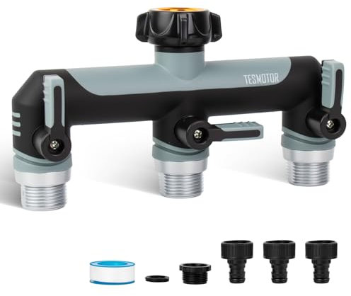 Tesmotor 3-Wege T-Verteiler für Wasserhähne, 3er Verteiler 3/4 Adapter mit Kugelhahn zum Einstellen und Absperren des Wasserflusses