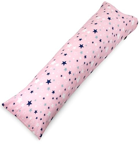 PinkZebra Seitenschläferkissen Bezug 40 x140 cm aus 100% Baumwolle, Kissenbezug für Kinder & Erwachsene, Kissenhülle mit Reißverschluss, Öko-tex Standard 100, Pink Sterne