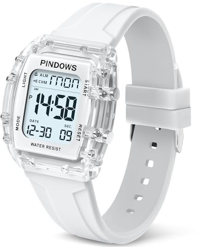 PINIDOUS Damen Uhren für Damen Teenager Uhr Outdoor Sport Digitaluhren für Frauen Studenten wasserdichte Uhren mit Wecker Stoppuhr Countdown Zweifach-Zeitmessung Funktion Licht (Transparentes Weiß)