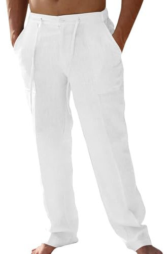 Friptspyg Leinenhose Herren Lang mit Taschen Einfarbiges Enthält Leinen Freizeithose Leicht Sommerhose Loose Fit Haushose mit Kordelzug Alltag, Weiß L
