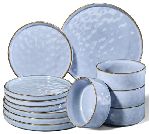 Homikit Service de table 12 pièces pour 4 personnes, service de table combiné avec assiettes plates, assiettes à dessert et bols à céréales, passe au micro-ondes et au lave-vaisselle, bleu sérénité