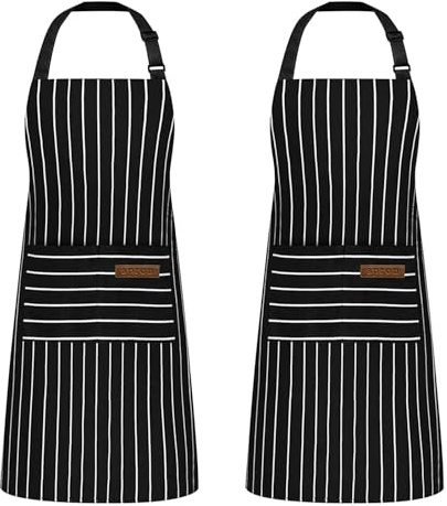 Hwtcjx 2 Pieces Chef's Apron, Restaurant BBQ Bar Apron, Adjustable Aprons with Pockets Chef for Cooking, Anti-fouling Gembiule Kitchen Men and Women (Black, Brown), Thick Black Stripes, One size
