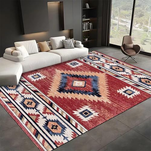 AUWUUA Traditioneller südwestlicher Stammes-Teppich, 200 x 300 cm, waschbarer großer Wohnzimmerteppich, roter geometrischer Vintage-Schlafzimmerteppich, Rutschfester Bodenbelag im Western-Boho-Stil