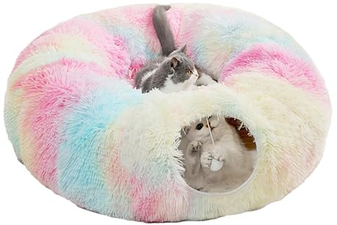 Katzentunnel XXL Katzenbett Donut Form, 90x30 cm Groß mit Eingängen und Spielball, Schlaf- und Spieltunnel Für Katze/Kleinhaustier, Faltbar und Einfach zu Reinigen (Farbe)