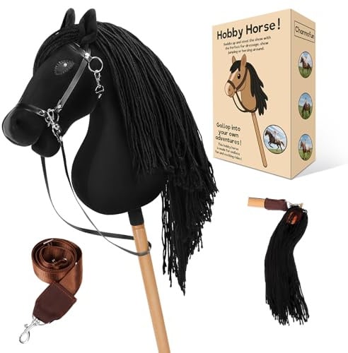 Charmofun Hobby Horse, A3 Kopfgröße Steckenpferd Kinder, Hobby Horsing mit Weichem Plüschhalfter, Fließendem Schweif & Verstellbarem Schultergurt, Perfekt für Garten, Geburtstag Grau (Schwarz)