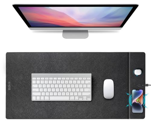 Hi-HONX Schreibtischunterlage, 15W kabelloses Qi-Lade-Mauspad, 90x43cm | Dual-Charge für Handy & AirPods, XXL, Schwarz, Mikrofaser-Oberfläche, wasserabweisend, kratzfest, Magnet-Zentrierung