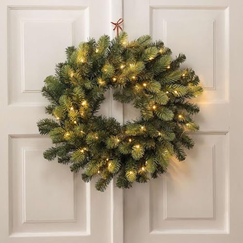 Dekoleidenschaft großer Dekokranz Tannenzweige mit LED Beleuchtung & Timer, Ø 50 cm, Kunststoff Türkranz für Winter & Weihnachten, künstlicher Weihnachtskranz, Wandkranz, dekorativer Tischkranz