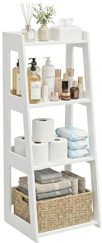 POBOMULI 4-Tier Bathroom Ladder Shelf Freestanding, White Floor Shelves Open Shelving Unit, Small Bookshelf Nightstand for Home Study Laundry Room (11”D x 12.6”W x 37”H)